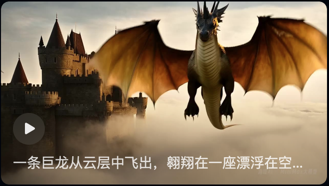 一条巨龙从云层中飞出,翱翔在一座漂浮在空中的古老城堡周围。